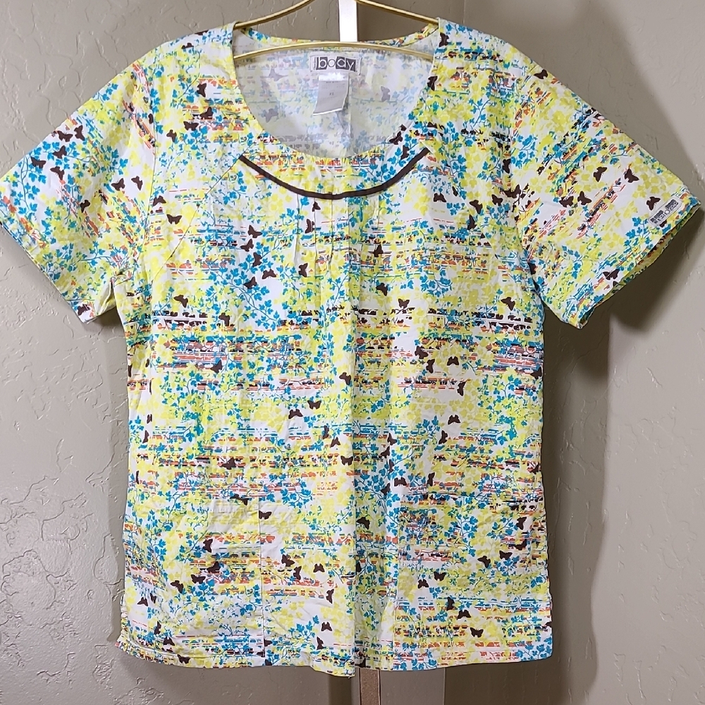 Cherokee‎ body Stretch Uniform Scrub Top Yellow Blue Brown Butterflies XL